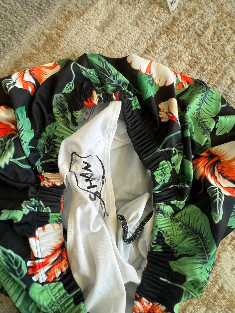 SHEIN Black Floral Bikini Set with Green Leaves and Orange Flowers